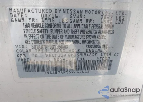 2016 Nissan Sentra Fe+ S/S/Sl/Sr/Sv z USA, uszkodzony, nr VIN 3N1AB7AP9GY264663